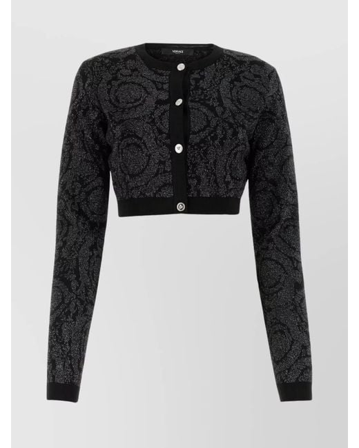 Versace Black Ribbed Cropped Embroidered Cardigan