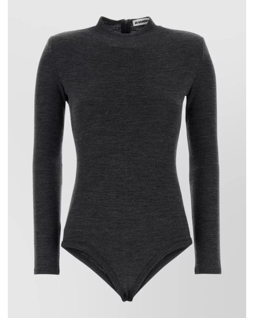 Jil Sander Black Wool Bodysuit High Neck Long Sleeves Fitted