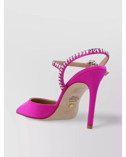 Stuart Weitzman Pink Strap Embellished Satin Pumps With Stiletto Heel
