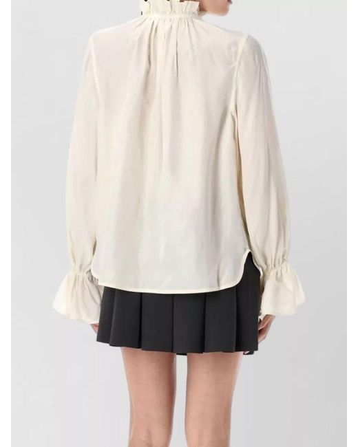 Ganni White Cupro Tie Shirt Drawstring Ruffled Collar