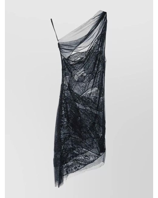 Elisabetta Franchi Gray One Shoulder Dress Sheer Overlay Design