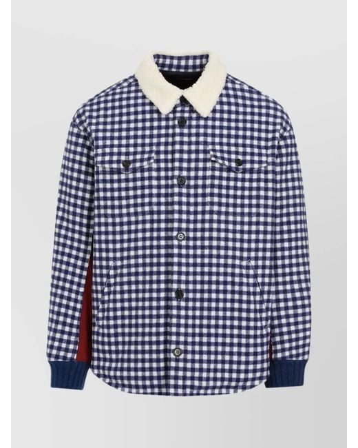 Undercover Blue Checked Wool Shearling Collar Bomber Jacket for men