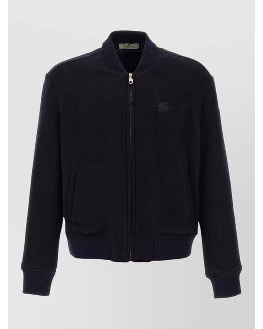Etro Blue Pegaso Bomber Jacket Ribbed Cuffs Hem Pockets for men