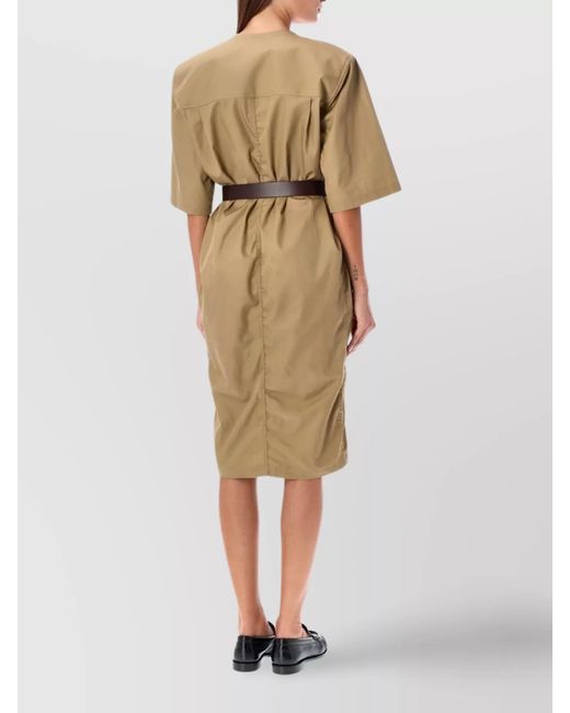 Saint Laurent Natural Cotton Belted V-Neck Short-Sleeve Midi Dress