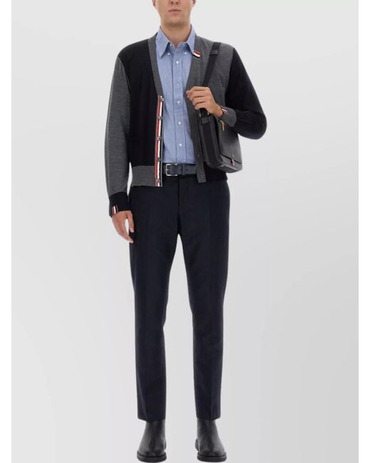 Thom Browne Blue Wool Cardigan Block Design Sleeves V-Neckline for men