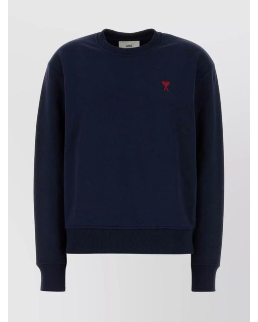 AMI Blue Cotton Logo-Embroidered Crewneck Sweatshirt