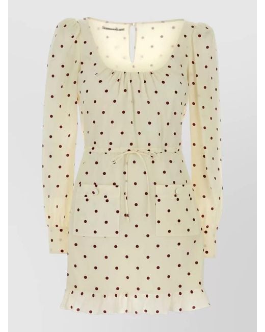 Alessandra Rich Natural Silk Mini Dress Polka Dots Drawstring Waist
