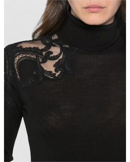 Ermanno Scervino Black Wool Turtleneck Sweater Lace Detail Slim