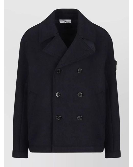 Stone Island Blue Double Breasted Coat Notch Lapels Buttons Pockets for men