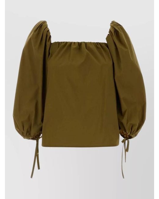 Saint Laurent Green Jersey Blouse Puff Sleeves Square Neckline Ties