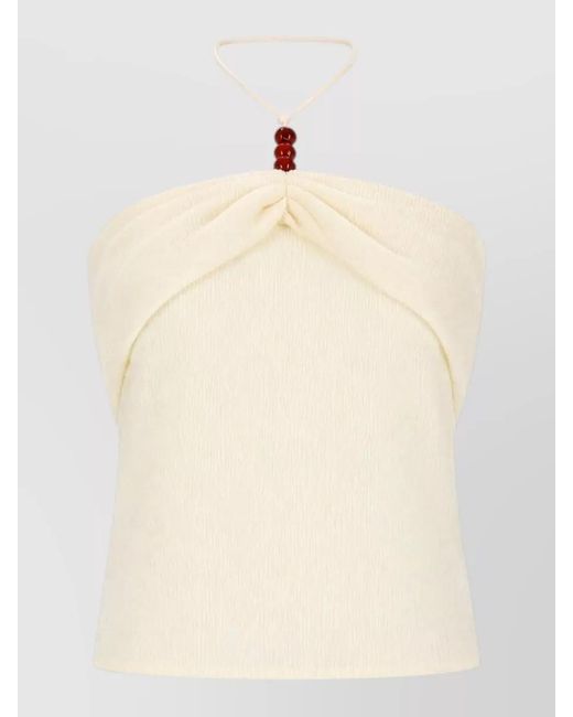 Magda Butrym Natural Beaded Halterneck Top Ruched Sleeveless Design