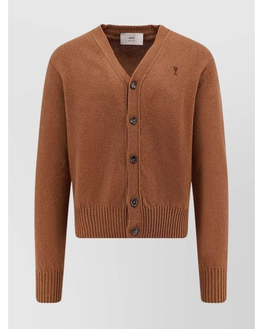 AMI Brown Cashmere V-Neck Cardigan for men