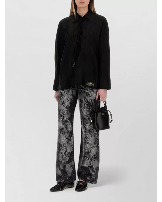 Ganni Black Jacquard Satin Shirt Collared Neck Floral