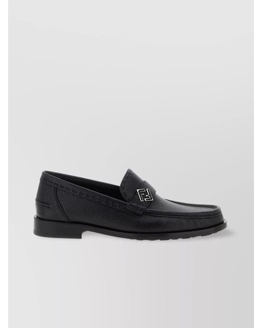 Fendi Black Round Toe Textured Leather Loafers for men