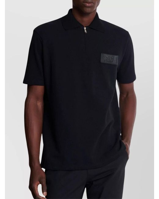 Balmain Black Couture Label Zipped Polo Shirt for men