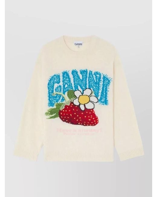 Ganni Blue Wool Oversized Strawberry-Intarsia Crew-Neck Sweater