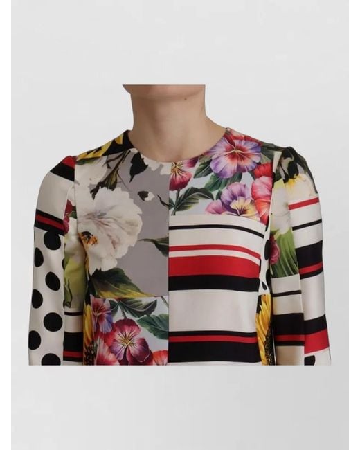 Dolce & Gabbana Gray Silk Floral Patchwork Knee-Length Dress