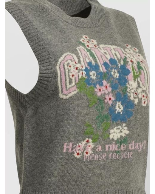 Ganni Gray Floral Graphic Crew Neck Sleeveless Vest