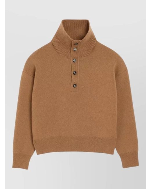 AMI Brown Wool High-Neck Classic-Fit Buttoned Sweater for men