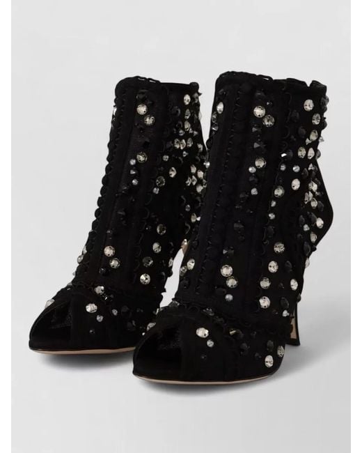 Dolce & Gabbana Black Crystals Heel Ankle Boots Peep Toe