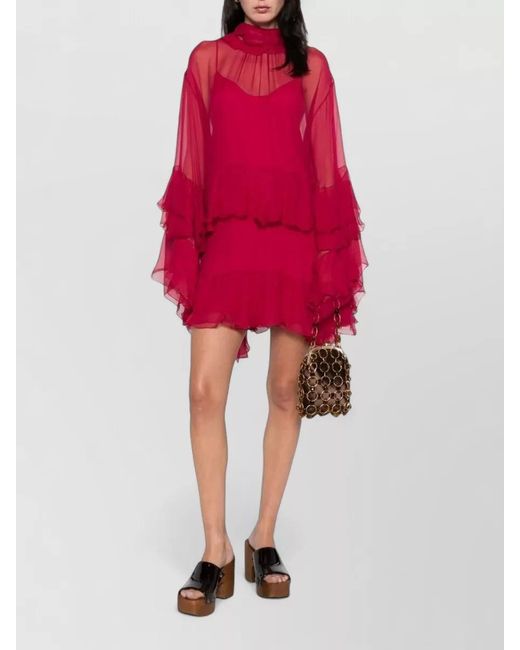 Chloé Red Silk Ruffled Long Sleeve Mini Dress