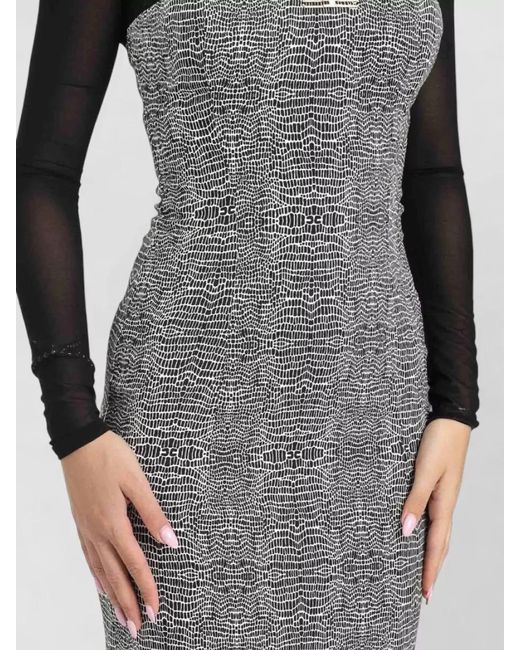 Elisabetta Franchi Gray Mesh Sleeve Midi Dress Textured Sheer Neckline
