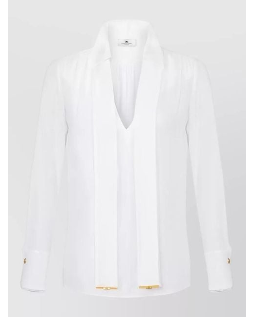 Elisabetta Franchi White Viscose Georgette V-Neck Long-Sleeve Relaxed-Fit Blouse
