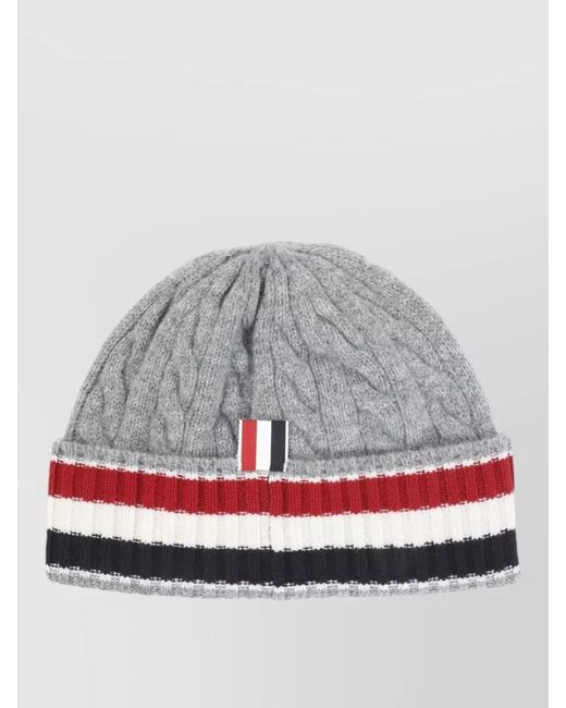 Thom Browne Gray Wool Cable Knit Beanie Striped Cuff for men