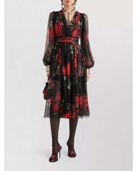 Dolce & Gabbana Black Silk Draped Printed Midi Dress