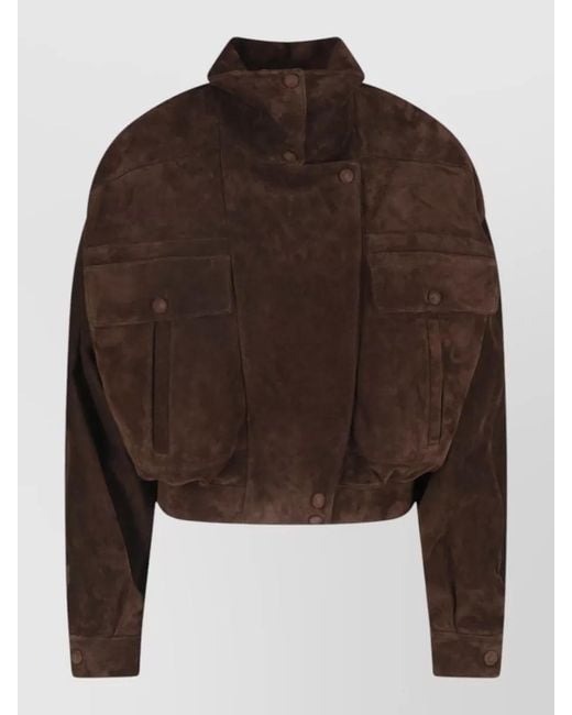 Saint Laurent Brown Cropped Suede Coat Featuring Buttoned Pockets