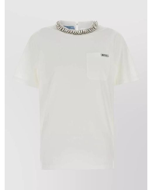 Prada White Embellished Round Neck T-Shirt