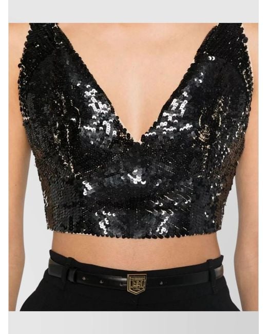 P.A.R.O.S.H. Black Sequinned V-Neck Sleeveless Cropped Top