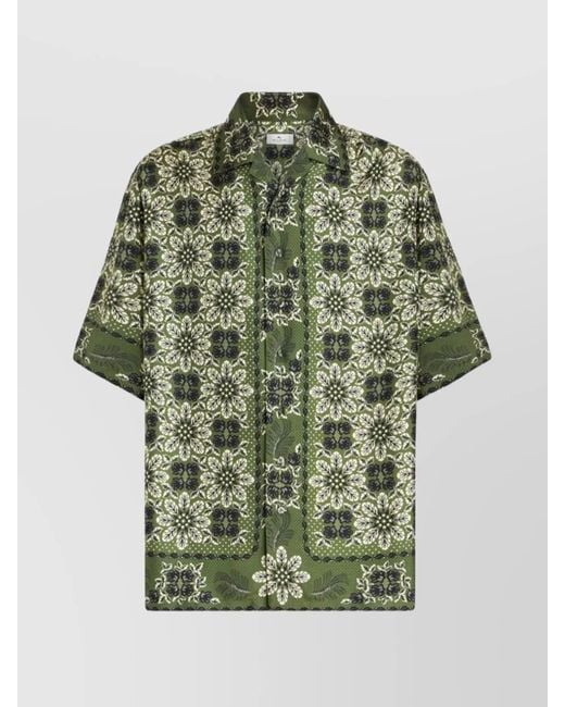 Etro Green Floral-Print Silk Short-Sleeve Shirt for men