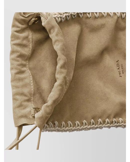 Prada Natural Bucket Bag Braided Detailing Suede Finish