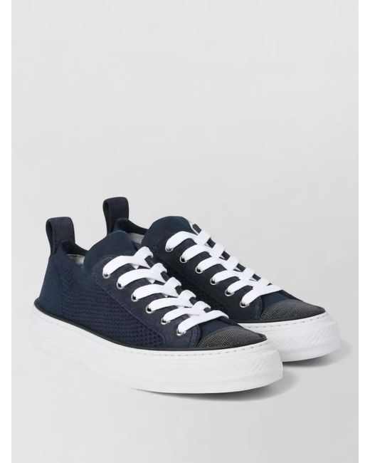 Brunello Cucinelli Blue Leather Knit Low-Top Sneakers