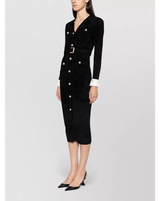 Self-Portrait Black Crystal-Embellished Belted V-Neck Midi Dress