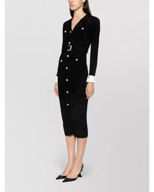 Self-Portrait Black Long Dress Belted Textured Fabric Pockets