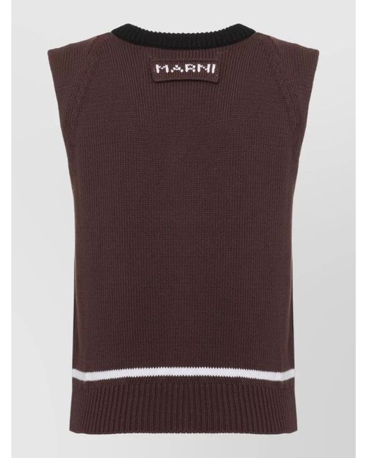 Marni Brown Round Neck Knit Top Ribbed Trims