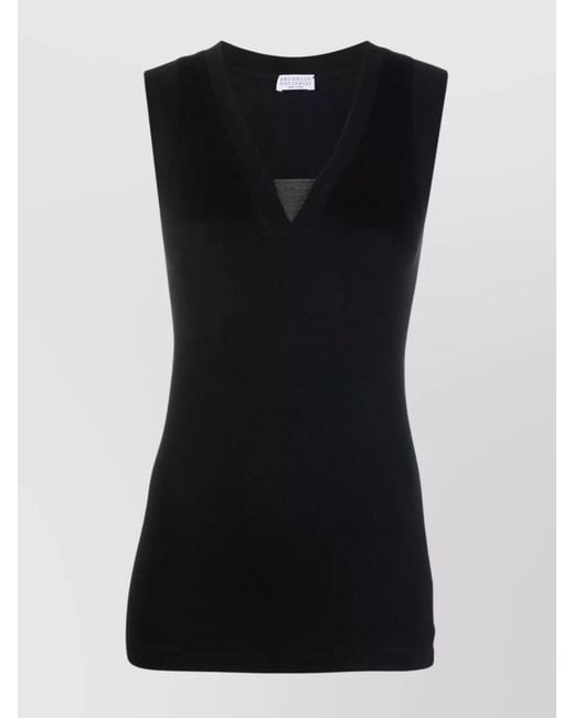 Brunello Cucinelli Black Cotton V-Neck Sleeveless Tank Top