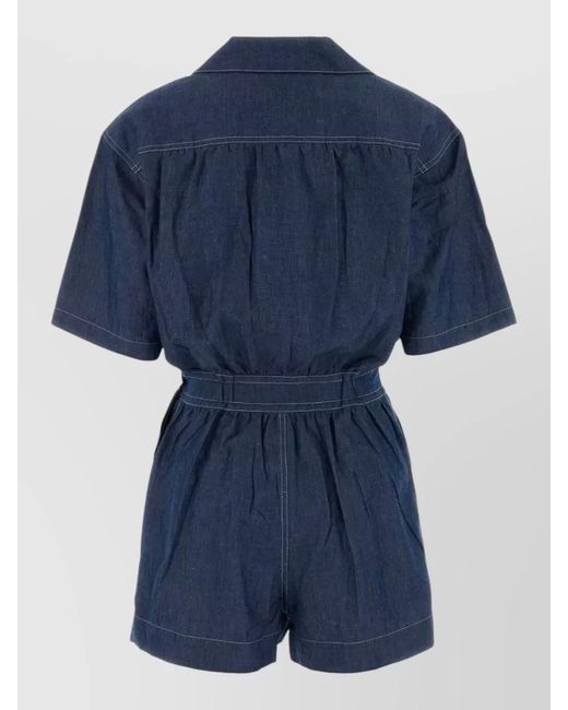 Prada Blue Chambray Jumpsuit Belted Waist Chest Pocket Short Sleeves