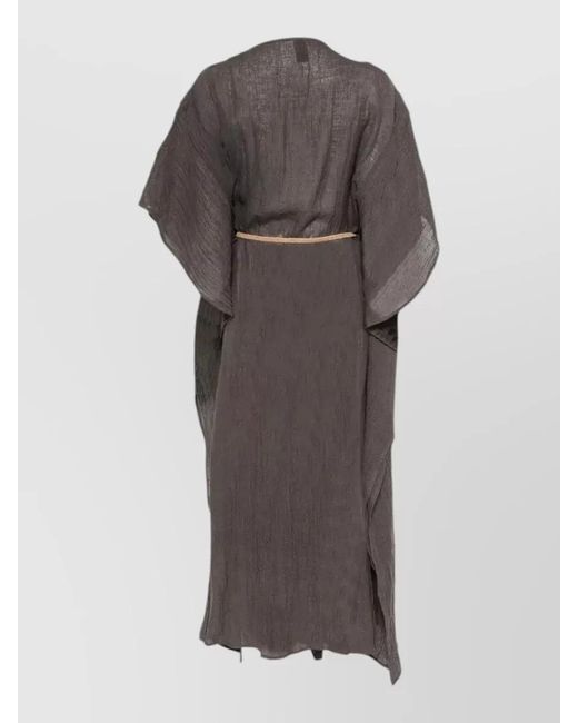 120% Lino Gray Belted Waist Kimono Sleeves Midi Dress