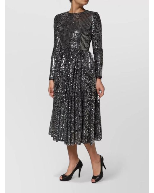 Dolce & Gabbana Gray Sequin Long-Sleeve Round-Neck Midi Dress