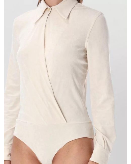 Alberta Ferretti Natural Stretch Velvet Dress Collared Long Sleeves