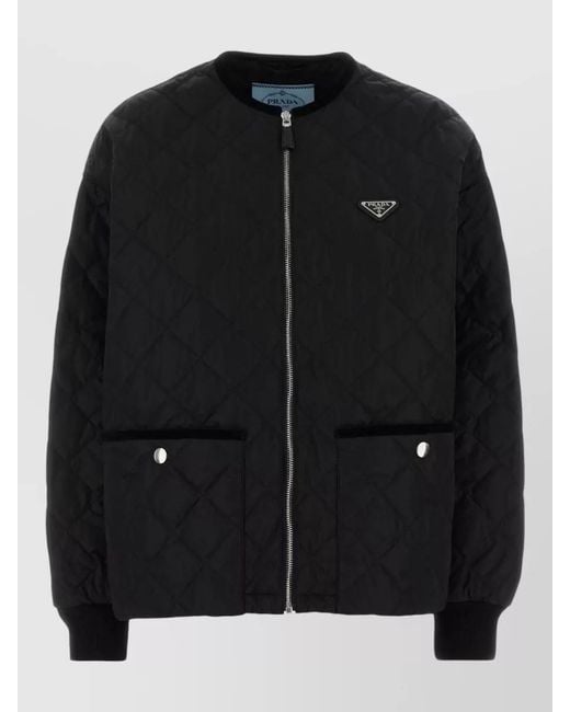 Prada Black Quilted Polyester Jacket Front Pockets Ribbed Cuffs