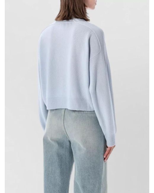 Loulou de Saison Blue V Neck Cropped Top Long Sleeves Ribbed Hem