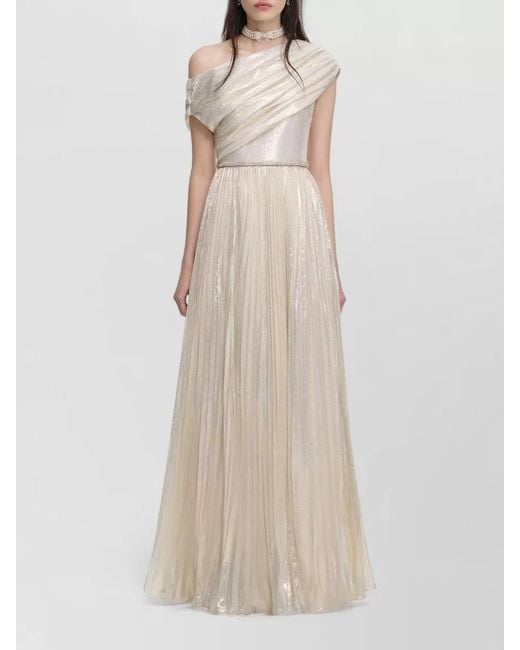 Self-Portrait Natural Silk Metallic Draped Asymmetric One-Shoulder Gown