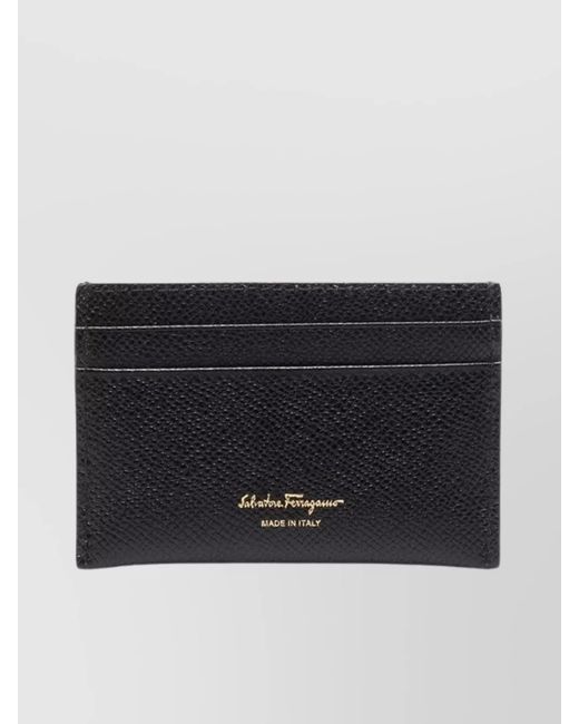 Ferragamo Black Hammered Leather Card Holder With Textured Finish