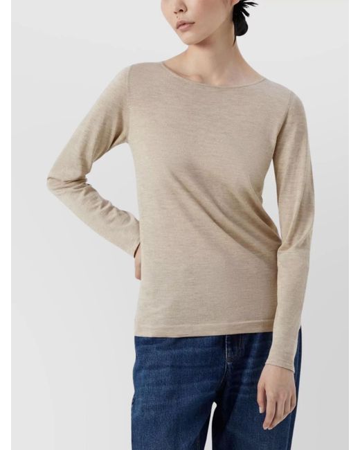 Brunello Cucinelli Natural Cashmere Silk Mélange Boat Neck Slim-Fit Long-Sleeve Knitted Top