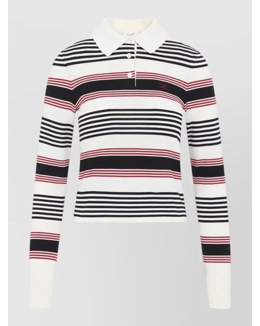 Céline White Striped Ribbed Knit Polo Top