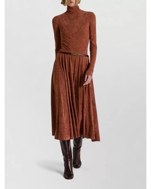 Alberta Ferretti Brown Belted Waist Midi Dress High Neckline
